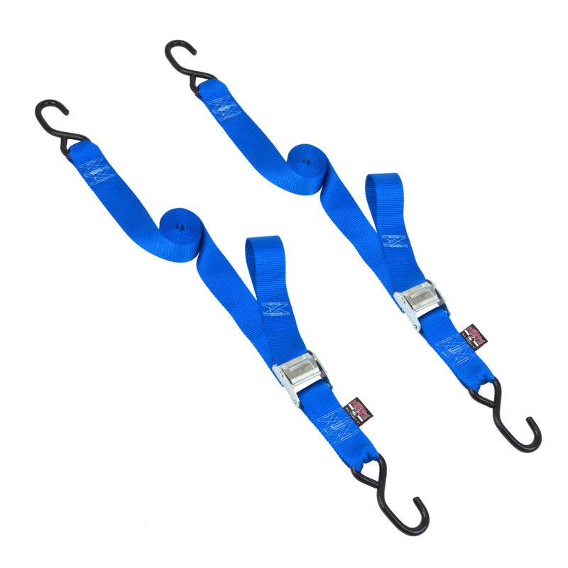 PowerTye Cam Buckle Tie Down Straps â€“ 2 inch x 8ft Straps with S-Hooks â€“ Ideal for Motorcycle, ATV, Trailers, and Truck Bed Cargo â€“ 600 lb WLL & 1,800 lb Break Strength â€“ USA Made, Blue (Pair) - Image 1
